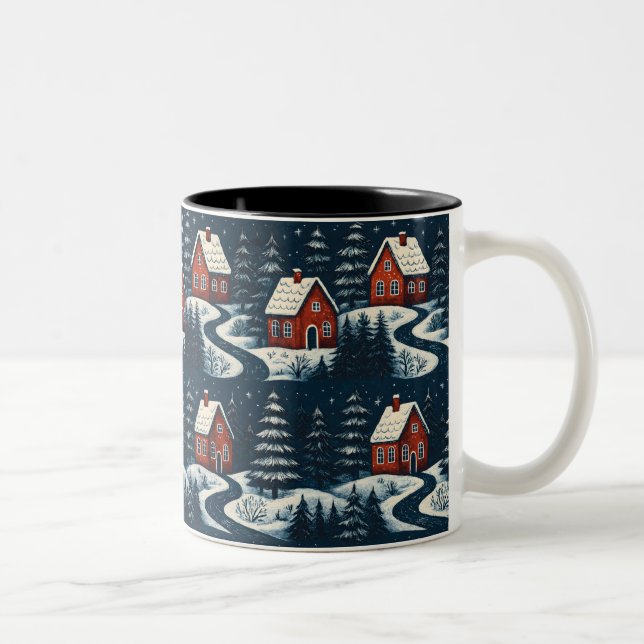 Caneca De Café Em Dois Tons Scandinavian Folk Art Cozy Winter Cabin Mug (Direita)
