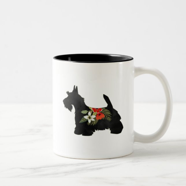 Caneca De Café Em Dois Tons Scottie Dog Breed Boho Floral Silhouette (Direita)