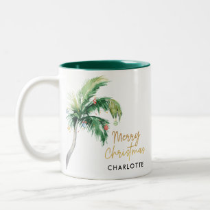 Caneca De Café Em Dois Tons Script de Árvore de Palma de Natal Personalizado