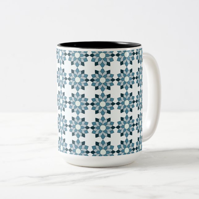 Caneca De Café Em Dois Tons Seamless Blue Azulejos Floral (Frente Esquerda)