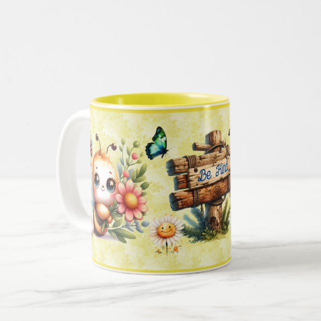 Caneca De Café Em Dois Tons Seja Bonita, Cute Bee Mug Yellow Daisiers Personal (Frente Esquerda)