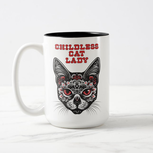 Caneca De Café Em Dois Tons Senhora de Gato Sem Crianças Orgulhosa (Esquerda)