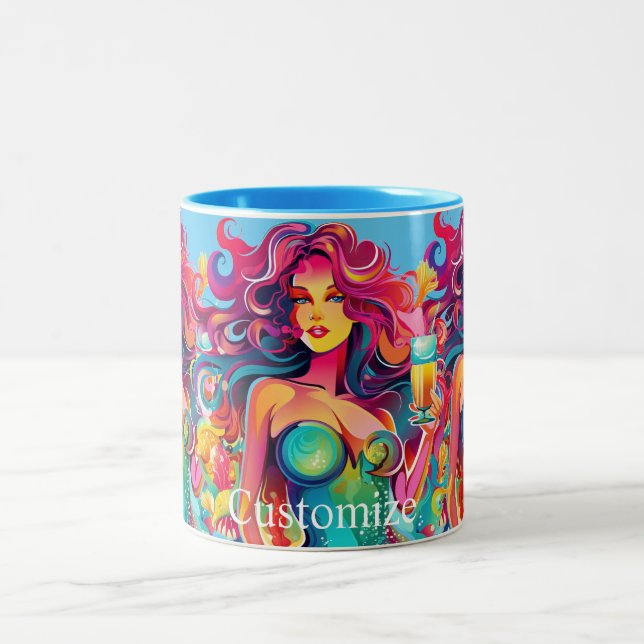 Caneca De Café Em Dois Tons Sereia de cabelo arco-íris com coquetel (Centro)