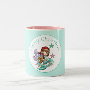 Caneca De Café Em Dois Tons Sereia Natalina Fofa com Chapéu de Papai Noel Rosa