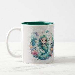 Caneca De Café Em Dois Tons Sereia submarina em algas marinhas