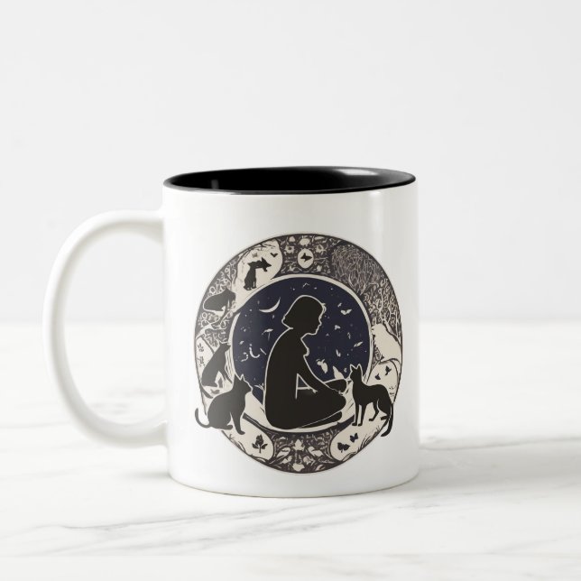 Caneca De Café Em Dois Tons Serene Moonlit Cats & Girl Silhouette Artistic Mug (Esquerda)