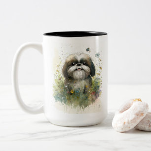 Caneca De Café Em Dois Tons Shih Tzu Watercolor Whimsical