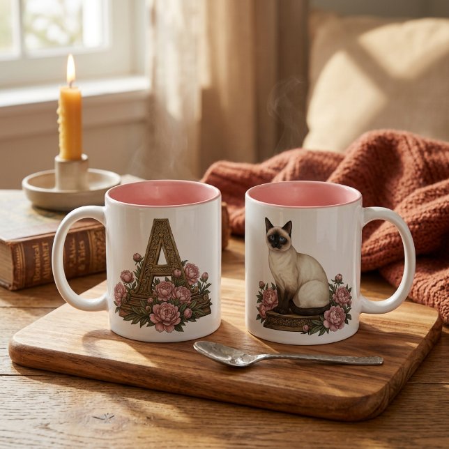 Caneca De Café Em Dois Tons Siamese Cat Monogram Mug (Siamese Cat Monogram Mug - Personalized Initial Mug -Elegant Cat Lover Gift - Blue Eyes Cat Coffee )