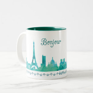 Caneca De Café Em Dois Tons Silhueta Bonjour Paris Watercolor