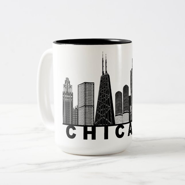 Caneca De Café Em Dois Tons Silhueta do Horizonte de Chicago  (Frente Esquerda)