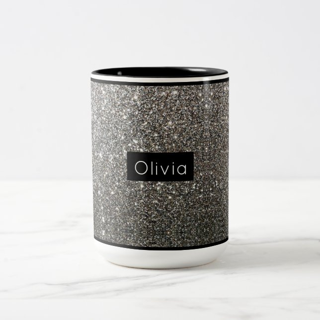 Caneca De Café Em Dois Tons Silver Sparkly Glitter com Nome Personalizado (Centro)