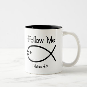 Caneca De Café Em Dois Tons Símbolo de Peixe Cristão - Siga-Me Coffee Mug