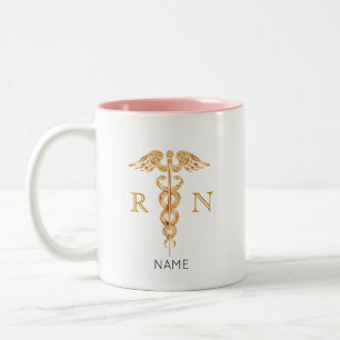 Caneca De Café Em Dois Tons Símbolo do Caduceu Dourado e Monograma de Enfermei