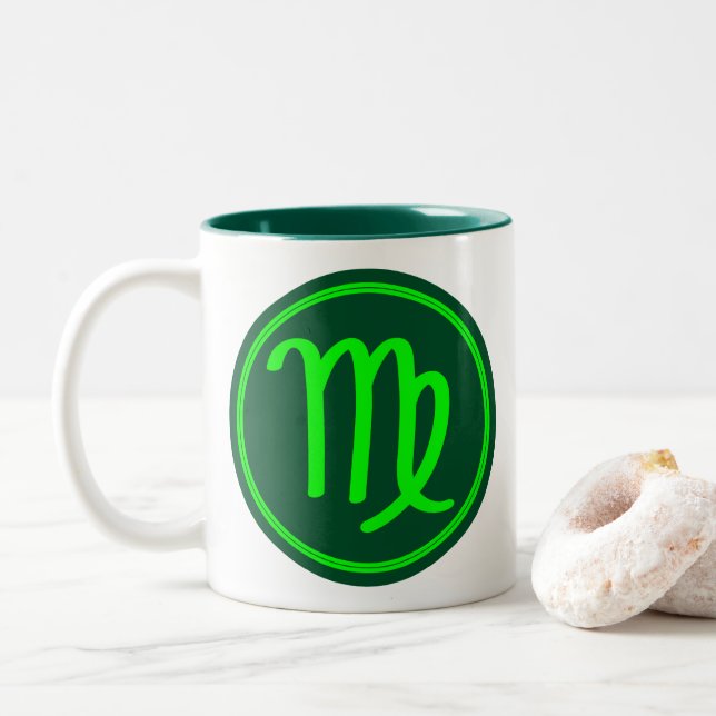 Caneca De Café Em Dois Tons Símbolo do Zodíaco de Virgem com Contraste Verde (Com Donut)