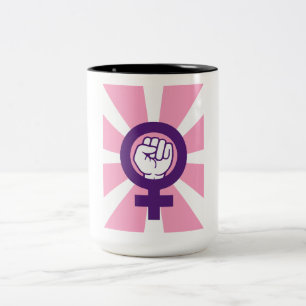 Caneca De Café Em Dois Tons Símbolo Feminista Punho Erguido Retro Explosão Sol