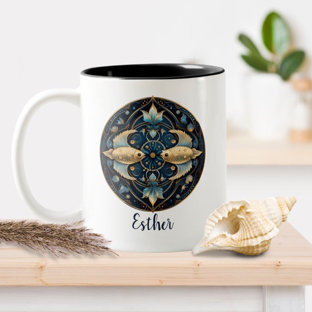 Caneca De Café Em Dois Tons Símbolo Zodac Fish Celestial Peixes de fantasia (Criador carregado)