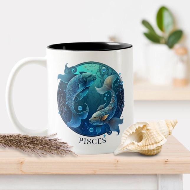 Caneca De Café Em Dois Tons Símbolo Zodiac Peixes de Fantasia Celestial (Criador carregado)