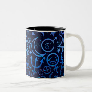 Caneca De Café Em Dois Tons Símbolos Planetários Azuis Universo Místico Planet
