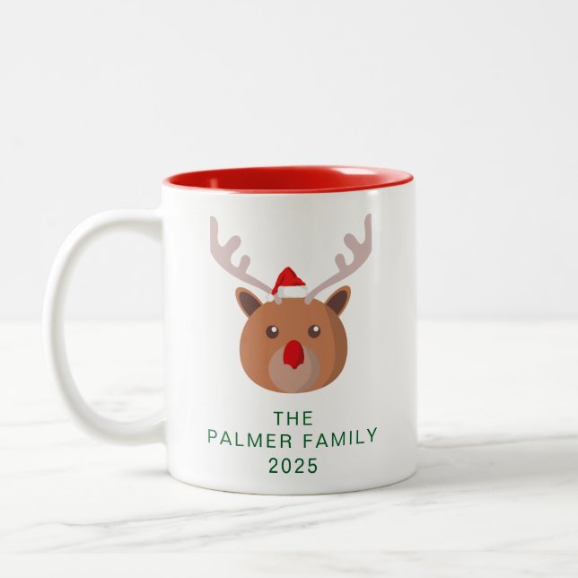 Caneca De Café Em Dois Tons Simples Elegante Reindeer Christmas Family Name (Esquerda)