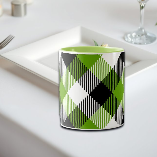 Caneca De Café Em Dois Tons Simples Xadrezes Tartan Neon Green (Criador carregado)