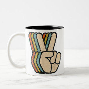 Caneca De Café Em Dois Tons Sinal de Paz Retroativo V Dedos Vintage 60s 70s 80