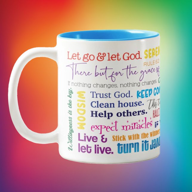 Caneca De Café Em Dois Tons Slogans de Recuperação - Café Mug (A reminder of all the slogans that can help keep you sober -- great gift idea! )
