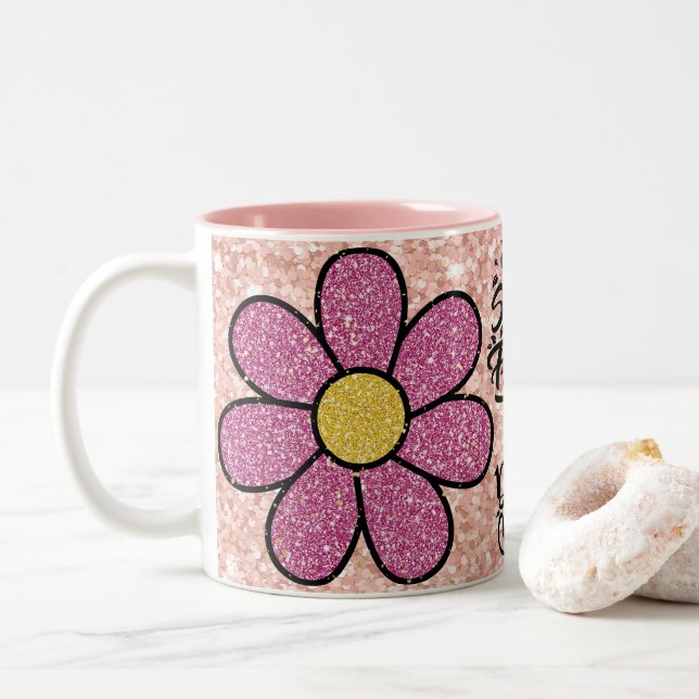 Caneca De Café Em Dois Tons smell the flower , Floral Sparkle Aesthetic Gift (Com Donut)