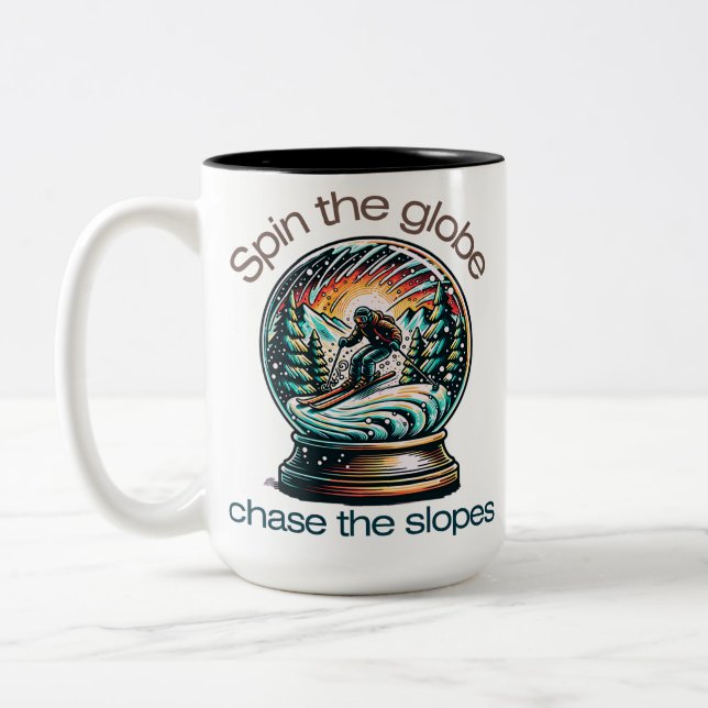 Caneca De Café Em Dois Tons Snow Globe Skiing Adventure Fantasy (Esquerda)