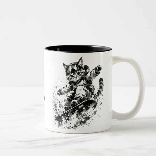 Caneca De Café Em Dois Tons Snowboard Brush Art - Snowboarder cat (Direita)