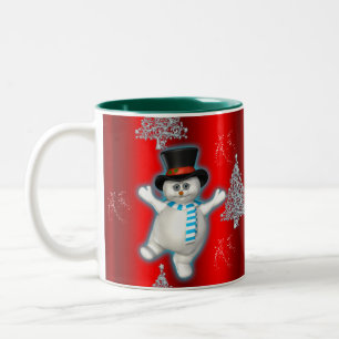 Caneca De Café Em Dois Tons Snowman dança no Top Hat no Natal Vermelho