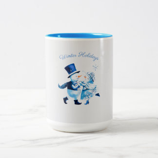 Caneca De Café Em Dois Tons Snowman & Snowgirl Dance - Winter Holidays Vintage