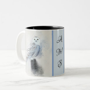 Caneca De Café Em Dois Tons Snowy Owl Watercolor com Monograma