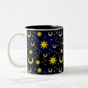 Caneca De Café Em Dois Tons Sóis, Luas e Estrelas Whimsigoth Celestiais