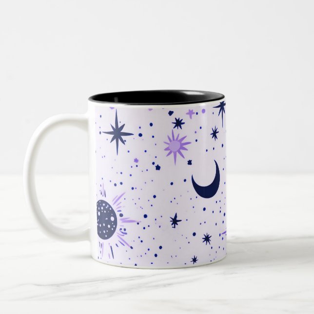 Caneca De Café Em Dois Tons Sol Lua Estrelas Celestiais Preto e Roxo (Esquerda)