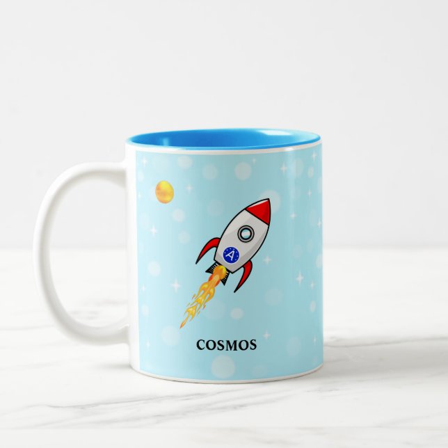Caneca De Café Em Dois Tons Sol, planeta Terra e foguete em azul claro (Esquerda)