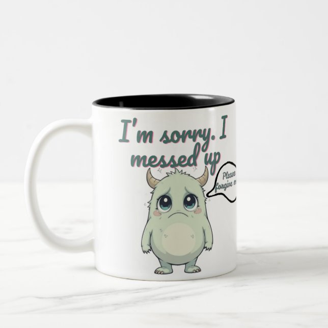 Caneca De Café Em Dois Tons Solemn Sorry – Minimalist Cute Monster Apology Mug (Esquerda)