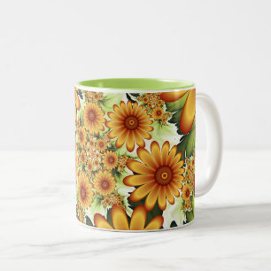 Caneca De Café Em Dois Tons Sonho Floral, Arte Fractal Moderna de Flor Abstrat