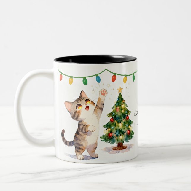 Caneca De Café Em Dois Tons Sparkly-Eyed Christmas Tree Kitten Gift (Esquerda)