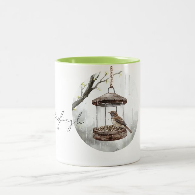 Caneca De Café Em Dois Tons Spring Bird in Bird Feeder   (Centro)