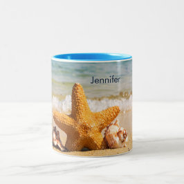 Caneca De Café Em Dois Tons Starfish e Seashells na Praia Personalizados