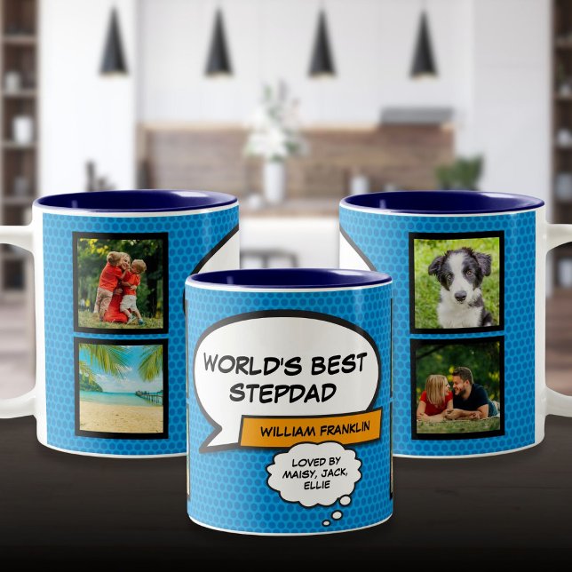 Caneca De Café Em Dois Tons Stepdad Stepdad 4 Foto Diversão Comic Book Blue (Stepfather Stepdad 4 Photo Fun Comic Book Blue Two-Tone Coffee Mug)