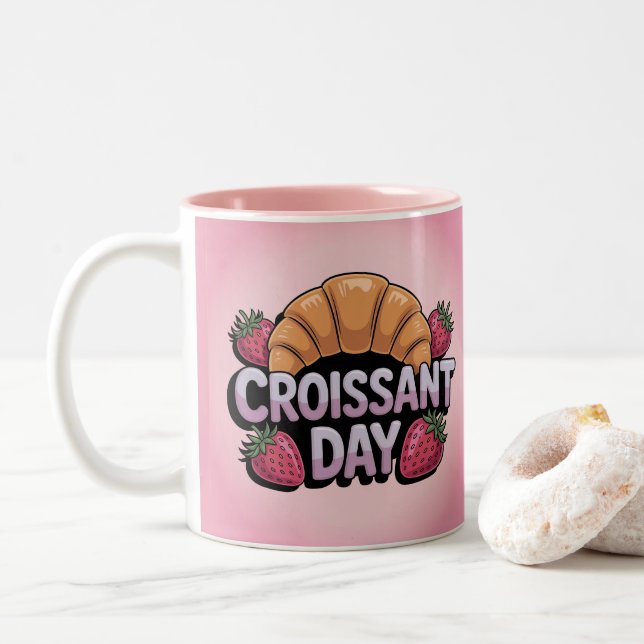 Caneca De Café Em Dois Tons Strawberries Croissant Day Pink Mug (Com Donut)