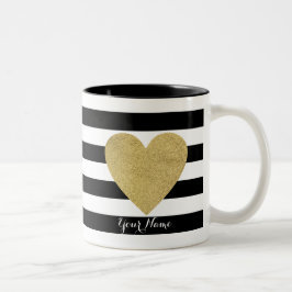 Caneca De Café Em Dois Tons Stripes Pretas e Brancas com Coração de Folha Ouro