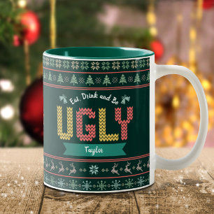 Caneca De Café Em Dois Tons Sueco de Natal Feio Knit Nórdico Seu Nome Verde