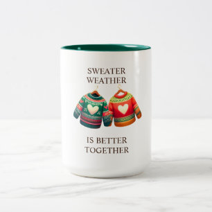 Caneca De Café Em Dois Tons Suéter Clima Verde Corações Vermelhos Personalizad