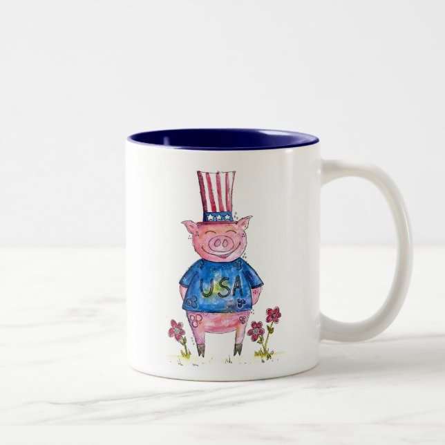 Caneca De Café Em Dois Tons Suíno Patriótico Whimsical (Direita)