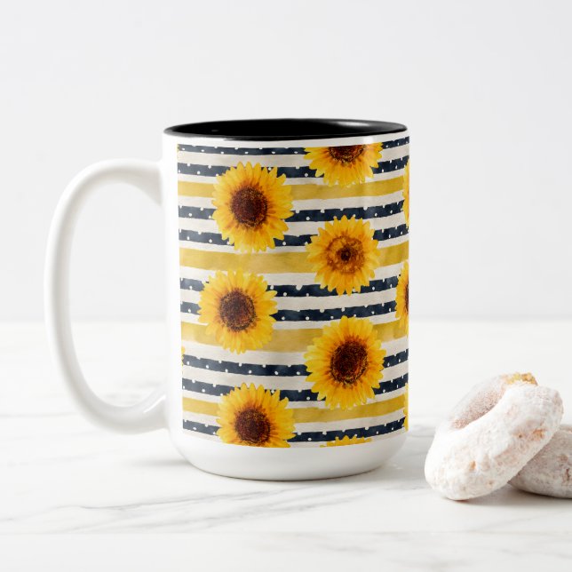 Caneca De Café Em Dois Tons Sunflower Stripes Navy & Yellow  (Com Donut)