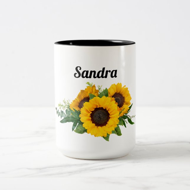 Caneca De Café Em Dois Tons Sunny Sunflower Custom Name (Centro)