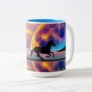 Caneca De Café Em Dois Tons Sunset Roxo, unicórnios, Lua Cheia na praia