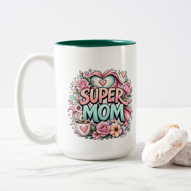 Caneca De Café Em Dois Tons ** Super Mãe (Com Donut)